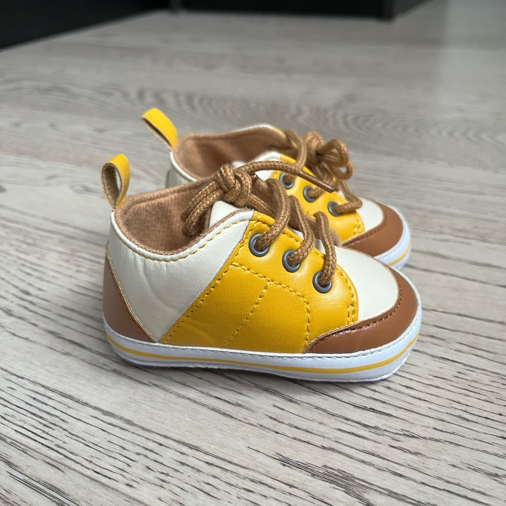 Little Me Yellow and Brown Soft Sole Baby Sneakers